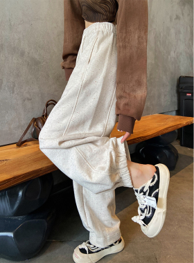 运动裤女2024新款春秋设计彩点复古阔腿老爹裤显瘦直筒哈伦裤卫裤