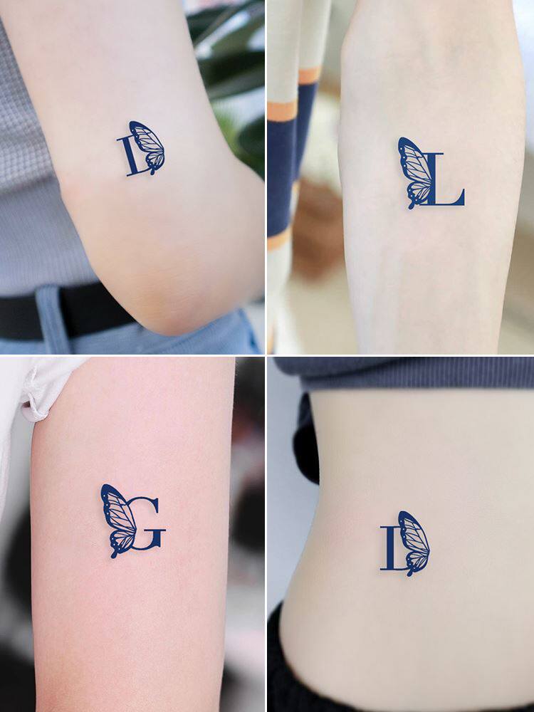 她画 大写字母英文草本纹身贴防水持久女蝴蝶翅膀情侣爱情贴纸