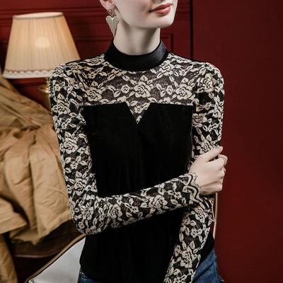 高领打底衫女2025新款秋冬内搭可外穿木耳边高级感蕾丝丝绒1023h