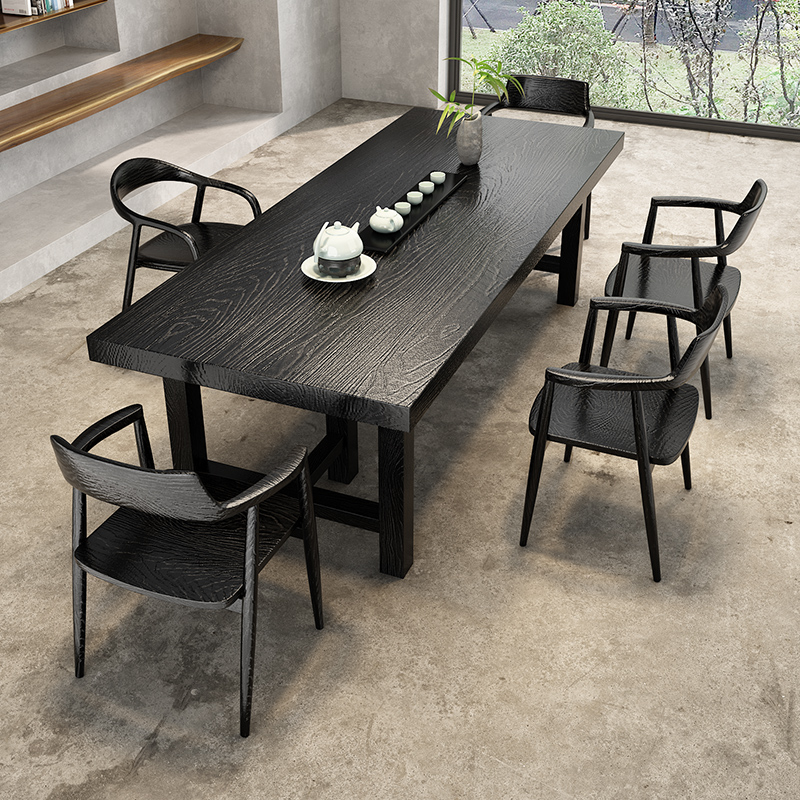 实木茶桌侘寂风碳化工艺洽谈桌