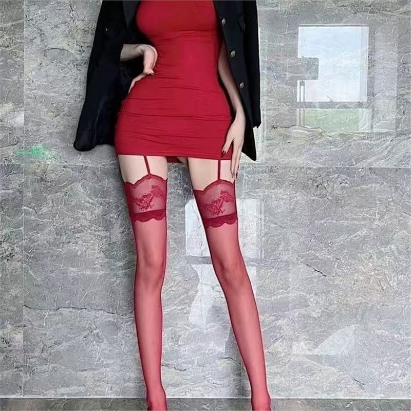 星夜制造性感蕾丝吊带一体式丝袜红色女黑丝新年丝袜纯欲丝滑