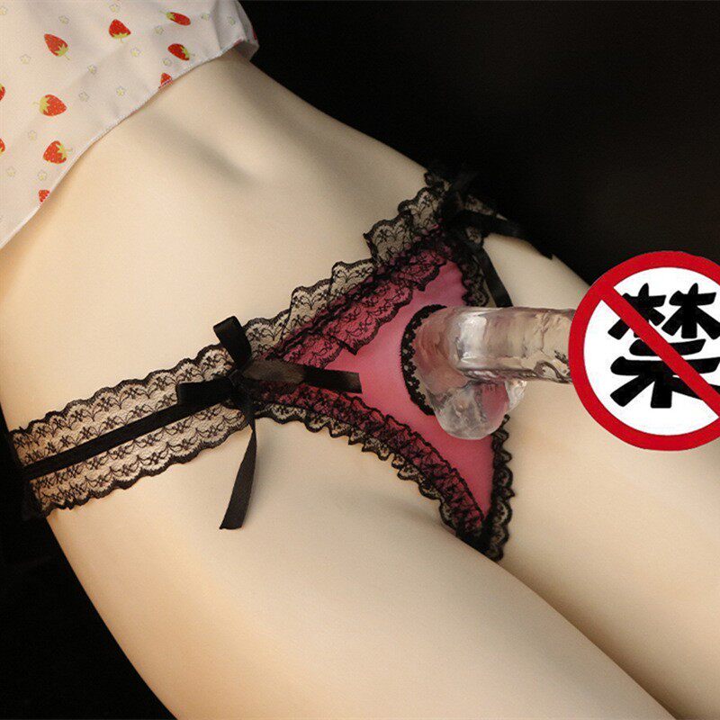 男女通用内衣蕾丝花边带jj洞内裤女装大佬免脱后开档蝴蝶结丁字裤