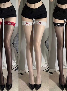 红边蕾丝超薄丝滑纯欲3D白色花边蝴蝶结高筒丝袜子女性感过膝袜