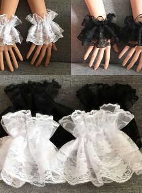 Lolita Hand Sleeve Wrist Cuffs Ruffled Floral Black Lace Ela