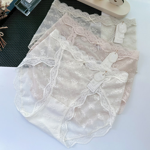 翘秘8856夏季薄款女士中腰内裤高开叉蕾丝网纱蝴蝶结透气性感微透