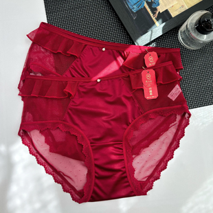 8152本命年红色内裤女中腰网纱冰丝针织扣性感结婚新年