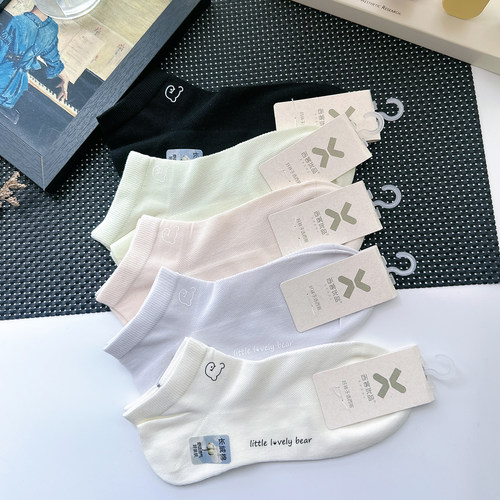 西客优品2126小熊头印花女船袜短袜夏季薄款透气网眼吸汗可爱袜子