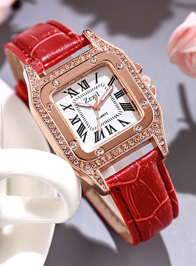 [冲销量9.9元]韩版方形镶水钻女士石英手表红色黑色皮带简约数字