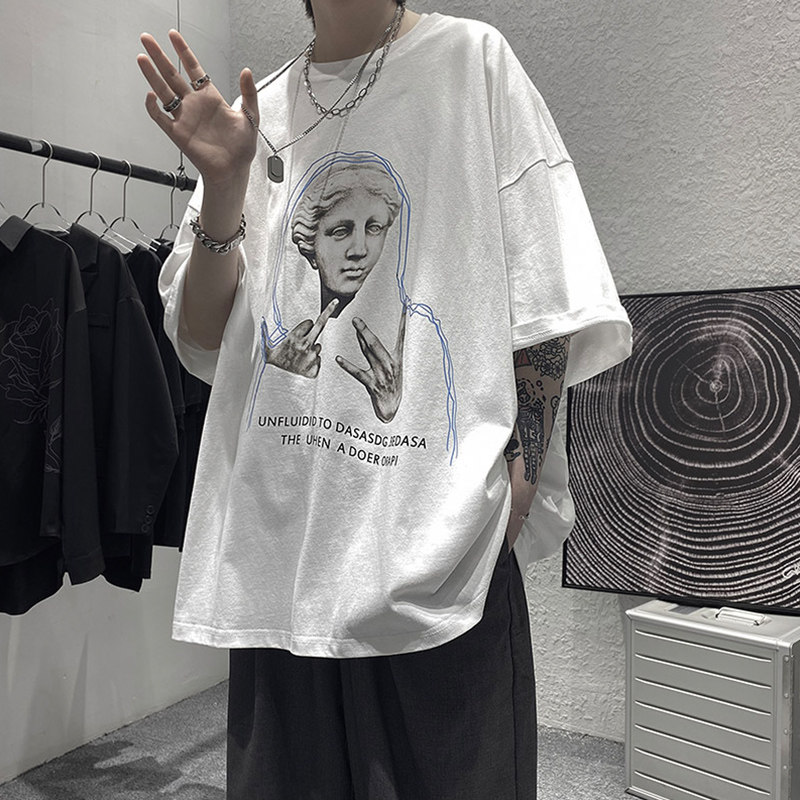 欧美艺术印花短袖T恤男夏季新款ins情侣上衣宽松潮牌潮流半袖体恤