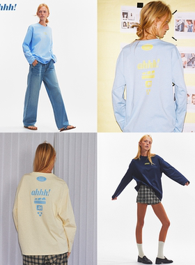 Ahhh 美式经典圆领logo印花纯棉慵懒宽松显瘦长袖打底T恤上衣