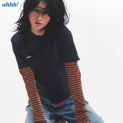 Ahhh 春秋复古小众拼接条纹假两件修身显瘦圆领长袖T恤百搭上衣女