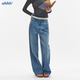 复古百搭猫须水洗做旧磨白宽松阔腿低腰直筒牛仔长裤 Ahhh 美式
