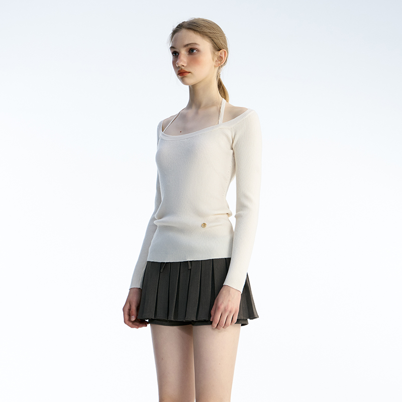 一字肩露肩针织衫打底衫薄款