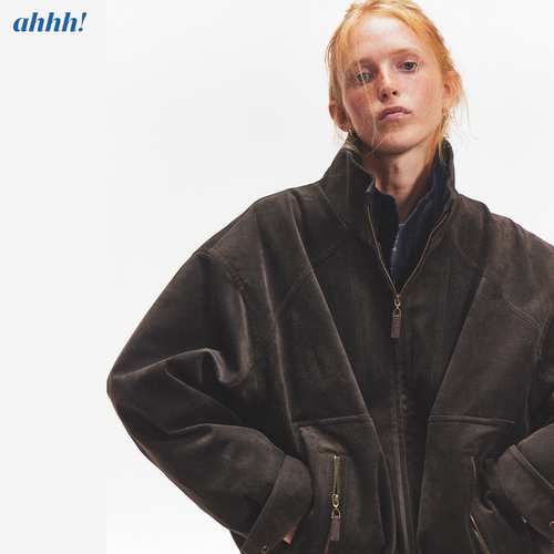 Ahhh【张婧仪 黄多多同款】复古美式麂皮做旧翻领廓形夹克外套