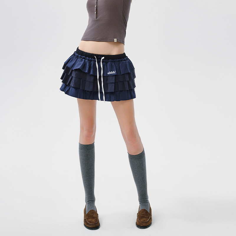 Ahhh 抽绳拼接蓬蓬裙女春夏新款蛋糕裙低腰短裙百褶裙刺绣半身裙