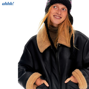 Ahhh 复古巴恩风秋冬翻领皮毛一体宽松廓形保暖飞行夹克外套女