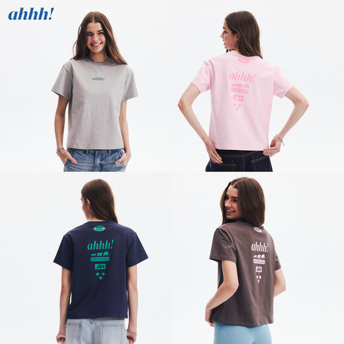 Ahhh 复古美式百搭活力大方趣味印花柔软弹力短款短袖T恤上衣