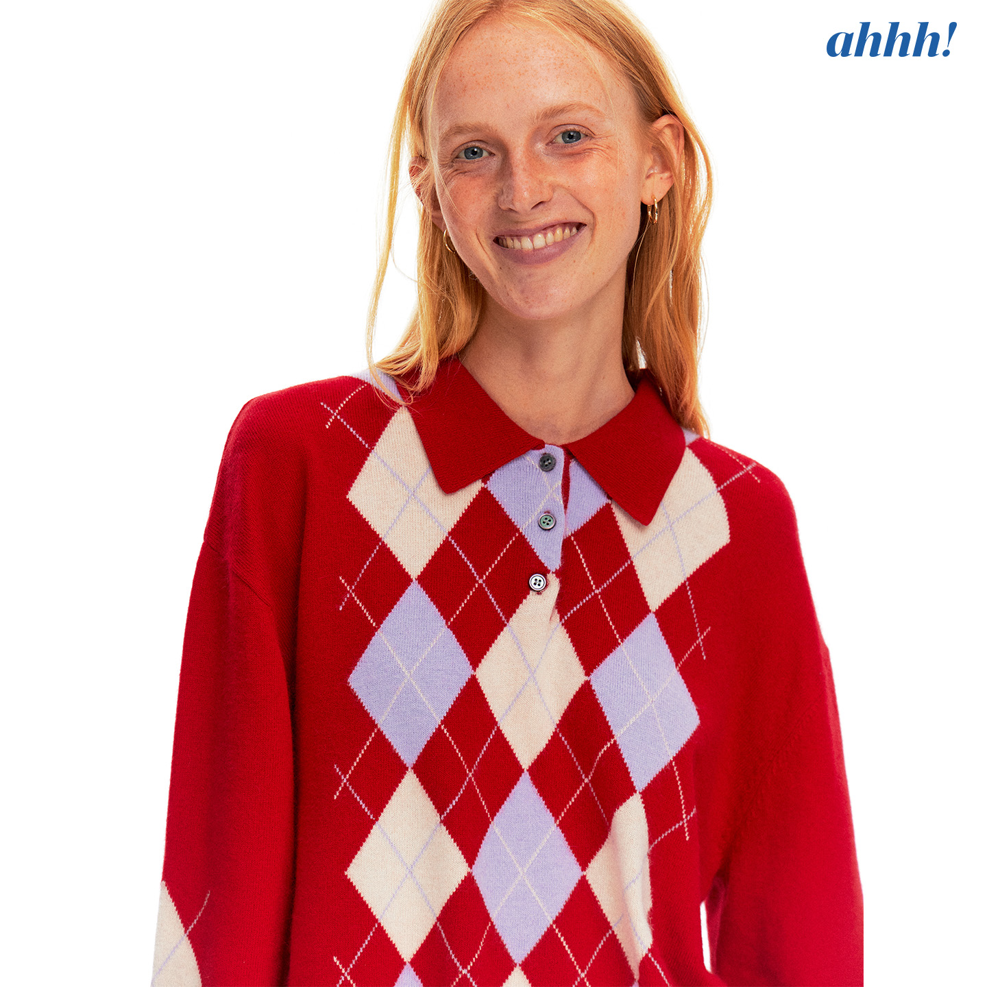 Ahhh 复古美式学院柔软兔绒羊毛polo领宽松慵懒撞色菱格针织毛衣