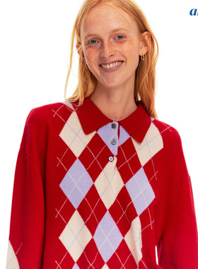 Ahhh 复古美式学院柔软兔绒羊毛polo领宽松慵懒撞色菱格针织毛衣