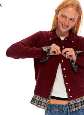 Ahhh 复古假两件羊毛拼接格纹单排扣宽松慵懒针织开衫毛衣上衣