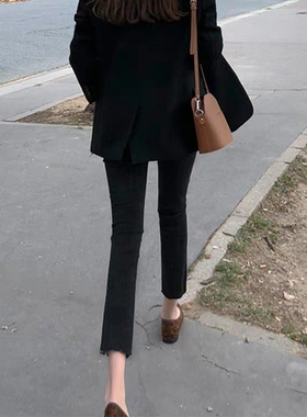 春秋新款高腰直筒chic牛仔裤女黑色显高显瘦cec宽松八分九分微喇