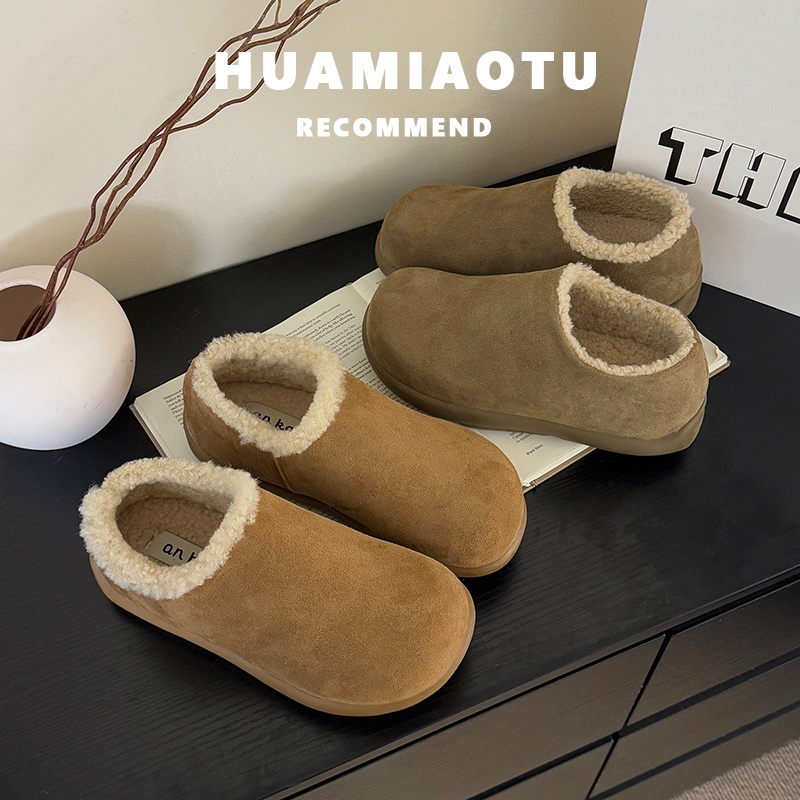 真牛皮~加绒毛毛单鞋女一脚蹬保