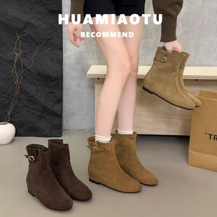 洋气巨好看的小短靴女2025新款爆款绒面内增高显瘦瘦平底靴子女款