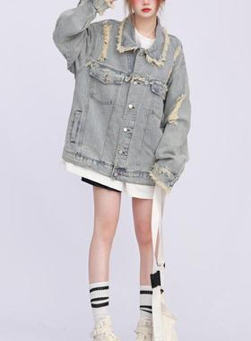 欧洲站新款美式高街oversize工装水洗做旧破洞牛仔外套女春秋夹克
