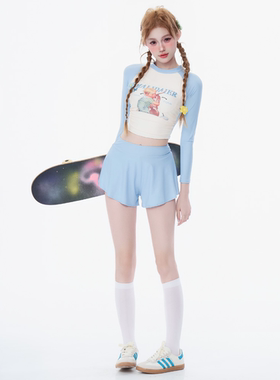 缪蓝少女感2025新款学生泳衣女分体长袖保守显瘦韩国ins泳装平角