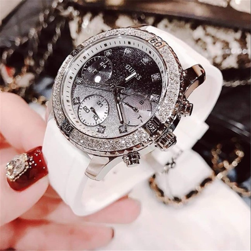 Purchasing guess watch fashion diamond inlaid gradient color all over the sky star silicone sports three eye quartz womens watch u1098l1