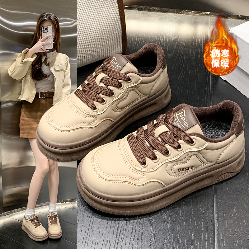厚底面包鞋女2025冬季加绒板鞋