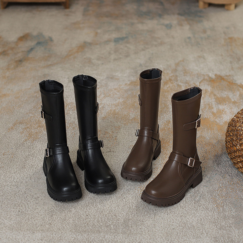 牛皮版英伦风皮带扣中筒靴子内增高马丁靴女粗跟厚底西部骑士靴女