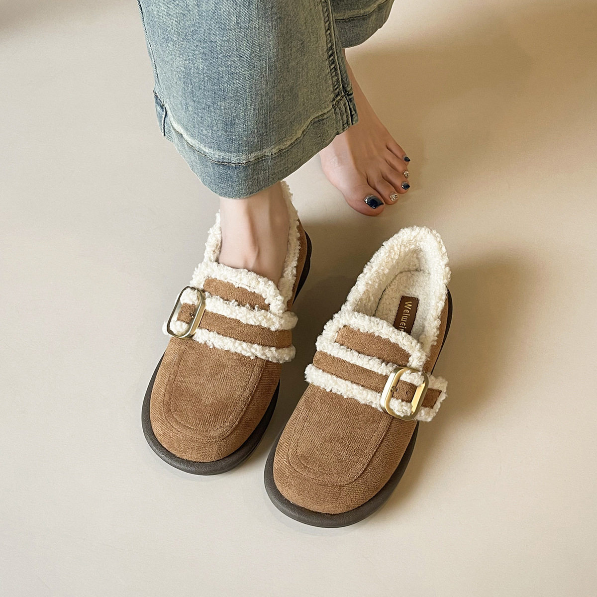 复古加绒加厚勃肯鞋女2025新款秋冬软底保暖棉鞋平底休闲毛毛鞋女