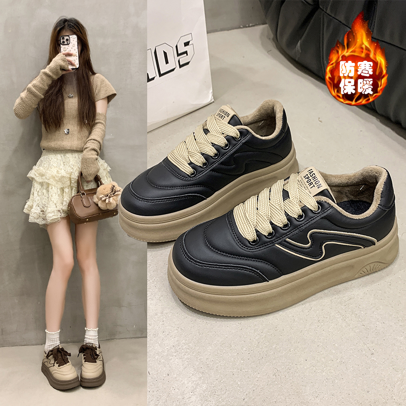 厚底加绒保暖面包鞋女松糕底板鞋