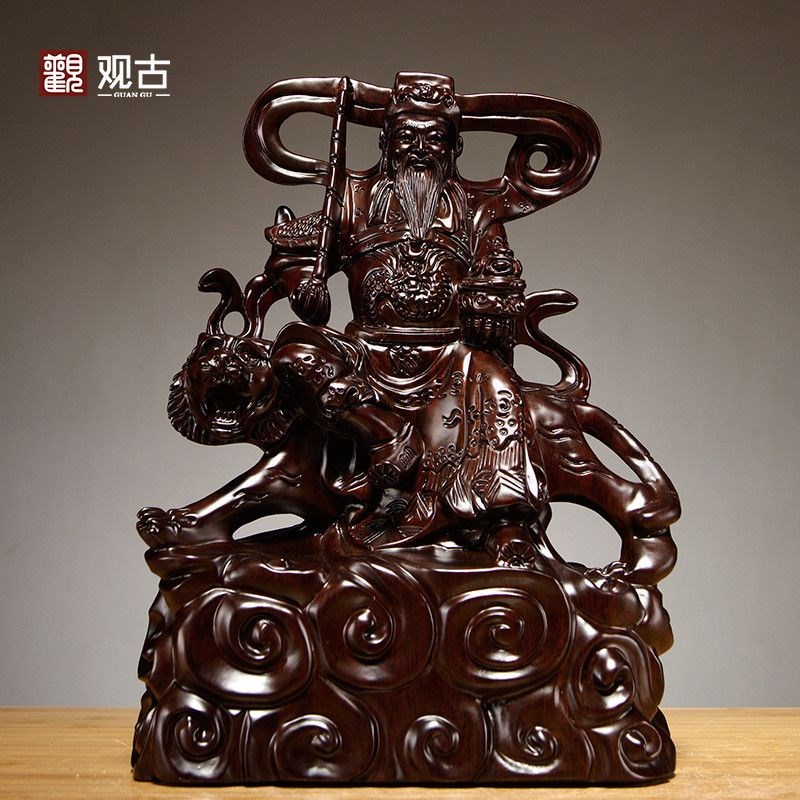速发黑檀爷雕武财神赵公明骑虎神像摆件五路财神木家居装饰雕刻工