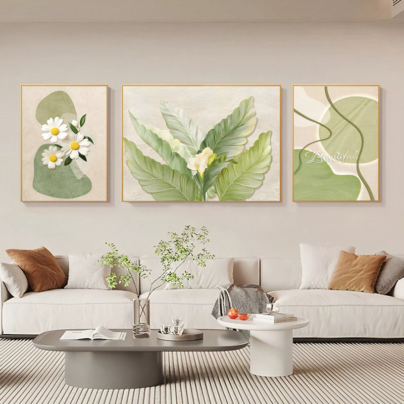 奶油风客厅装饰画小清新绿植沙发背景墙挂画2026新款三联墙面壁画