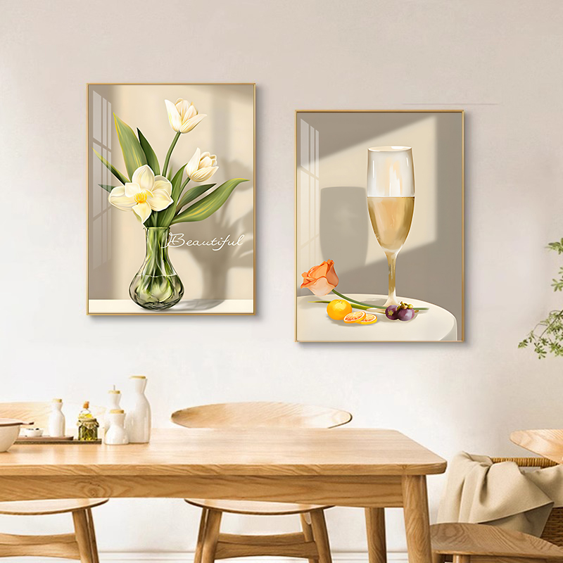 现代简约餐厅装饰画轻奢酒杯花卉饭厅挂画客厅餐桌壁画两联画