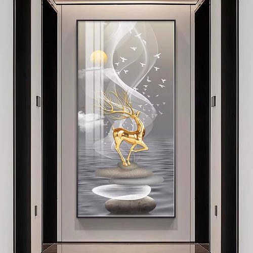 轻奢玄关装饰画玄幻大气高档金鹿走廊过道挂画入户正对门竖版壁画