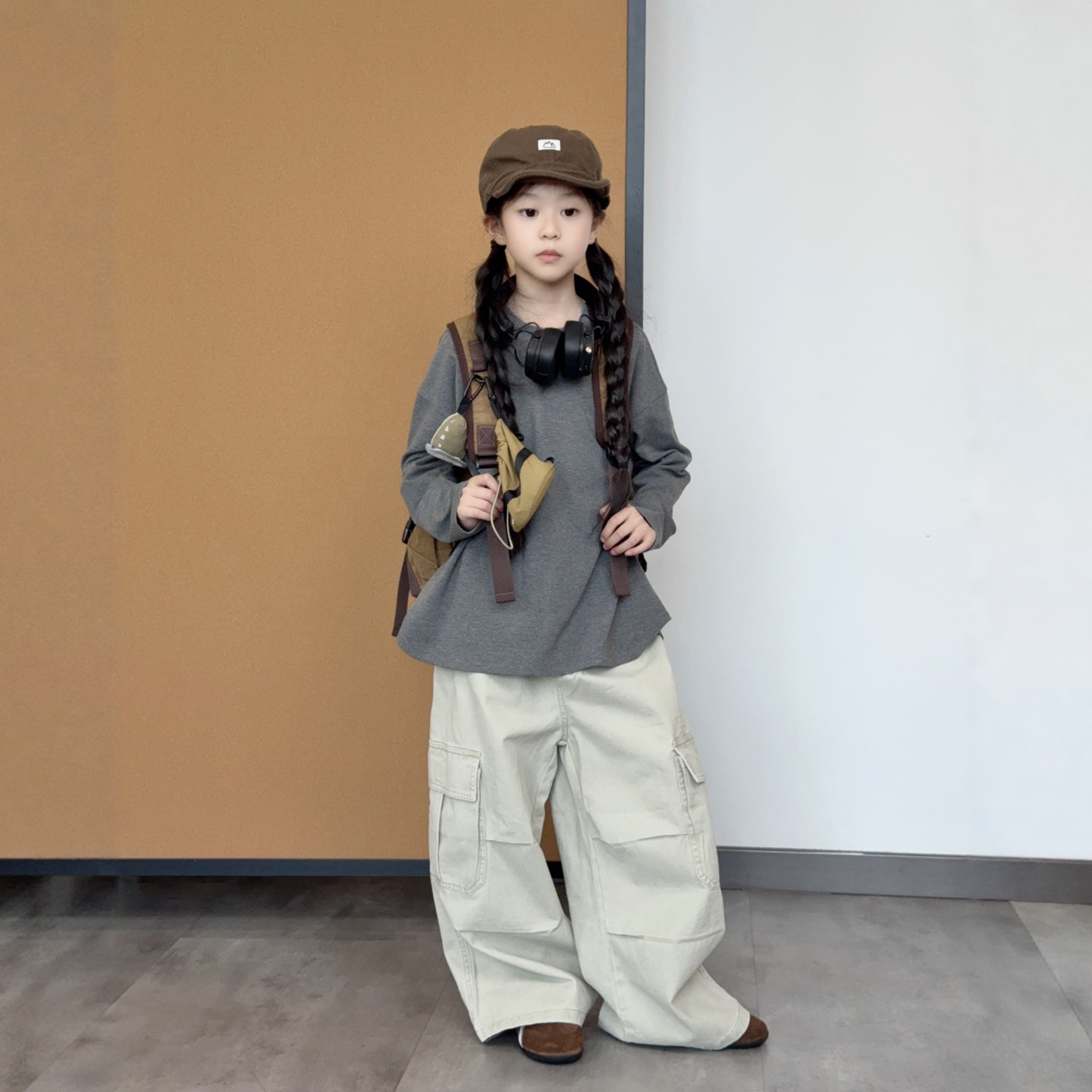 2025新款儿童阔腿棉布口袋工装裤