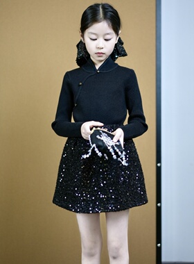 TOUKIDS2025新款国风黑色新中式针织毛衣打底衫针织衫洋气