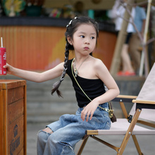 TOUKIDS儿童斜肩单肩露肩上衣痞帅风背心女童爵士舞吊带时尚挂脖