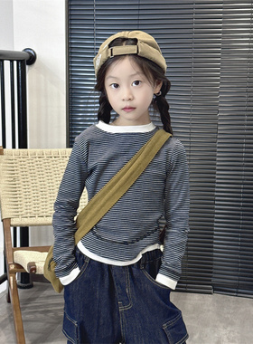TOUKIDS女童打底衫儿童纯棉秋衣上衣内搭秋冬黑白条纹t恤内衣宝宝