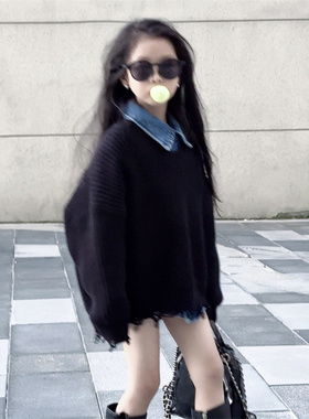 TOUKIDS女童男童儿童毛衣针织2025新款时髦洋气黑色慵懒韩式黑色