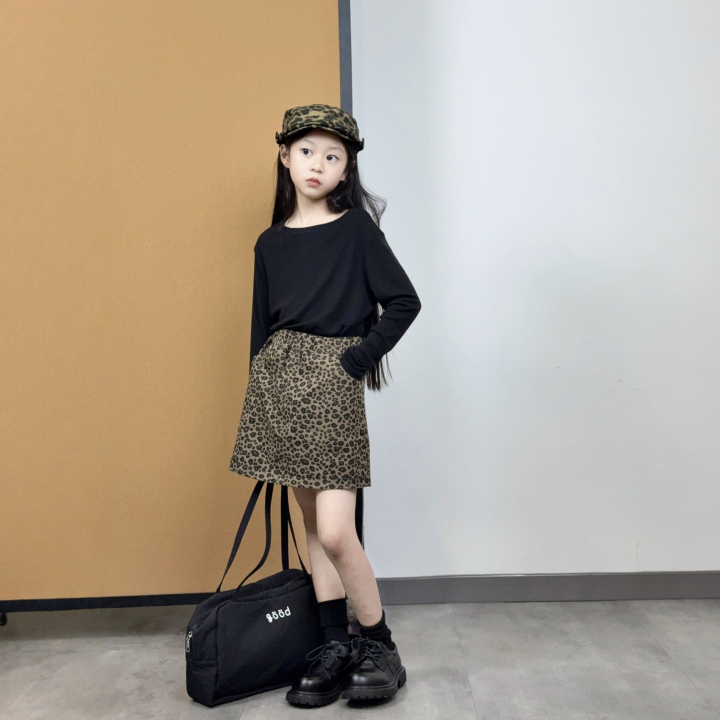 女童豹纹牛仔半身裙时髦宽松百搭