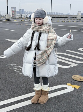 TOUKIDS2025新款蓝调豆绿中长款白鸭绒加厚保暖羽绒服厚实时尚