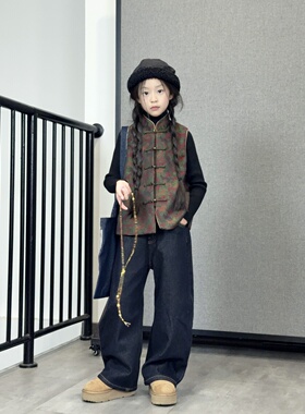 TOUKIDS2025新款儿童原色弯刀立体剪裁加绒牛仔裤