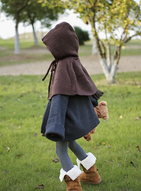 TOUKIDS2025新款冬季儿童咖色精灵斗篷针织披风保暖帽子