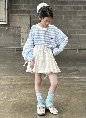 TOUKIDS2025春新款天蓝色轻薄天丝麻长袖T恤防晒衫蓝白条纹时尚