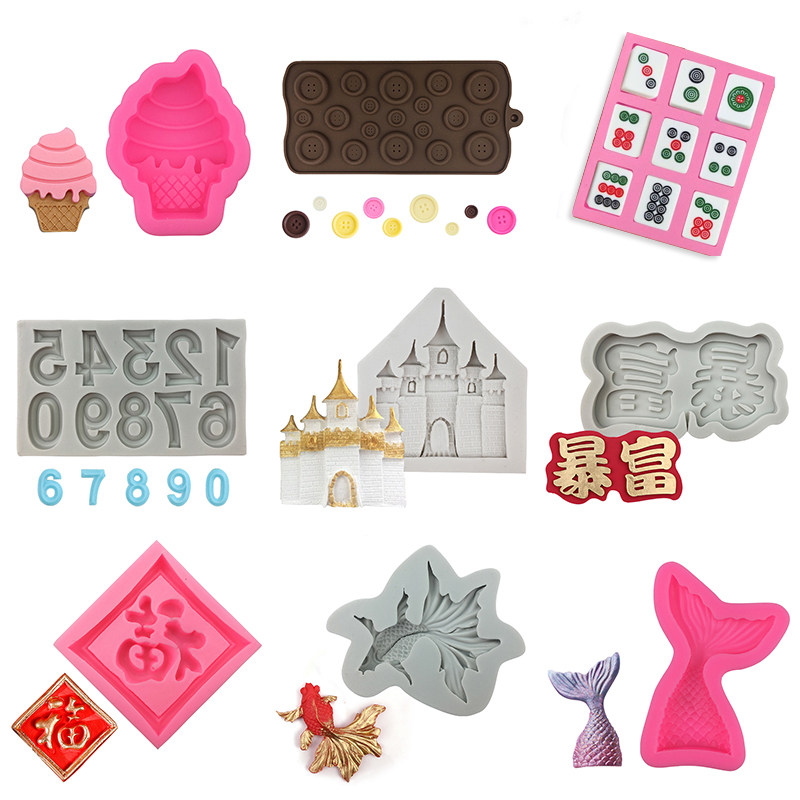 硅胶模具蛋糕巧克力烘焙生日快乐麻将数字冰激凌福字鱼尾金鱼装饰