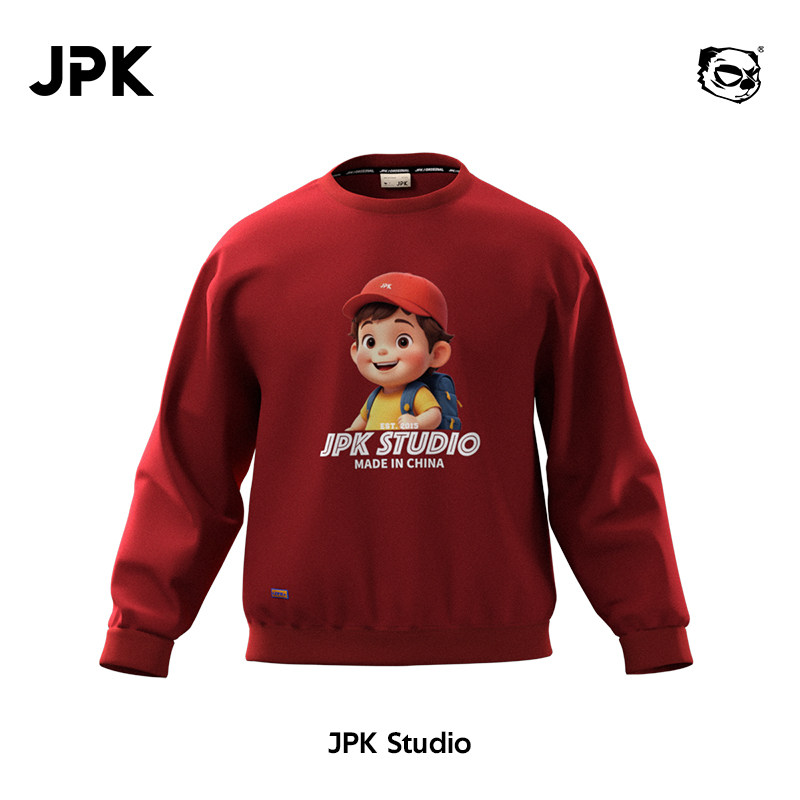 JPK国潮红色重磅加厚圆领套头情侣款卫衣宽松男士加肥大码潮牌秋